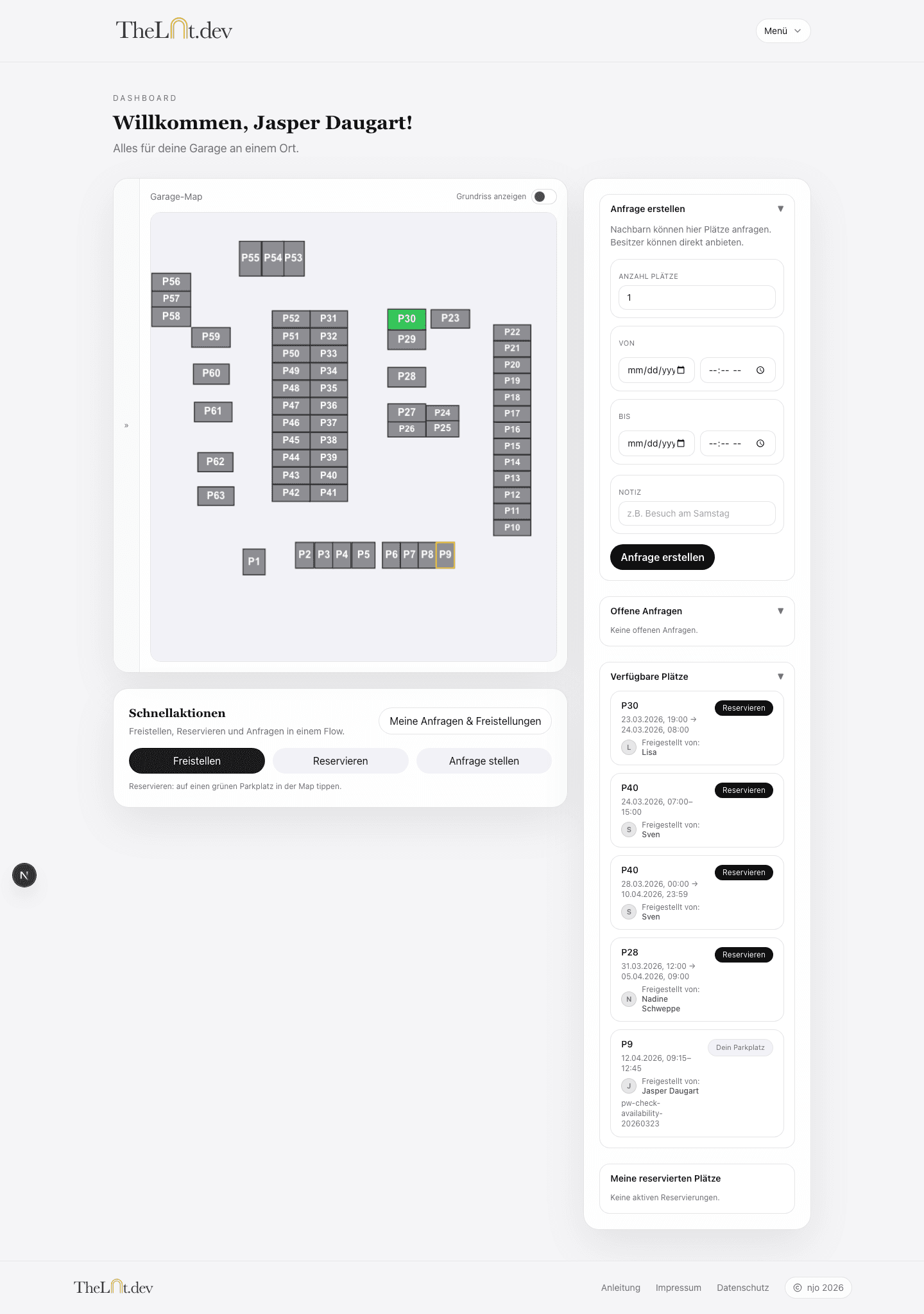 Dashboard von TheLot.dev mit Karten und Parkplatzinformationen